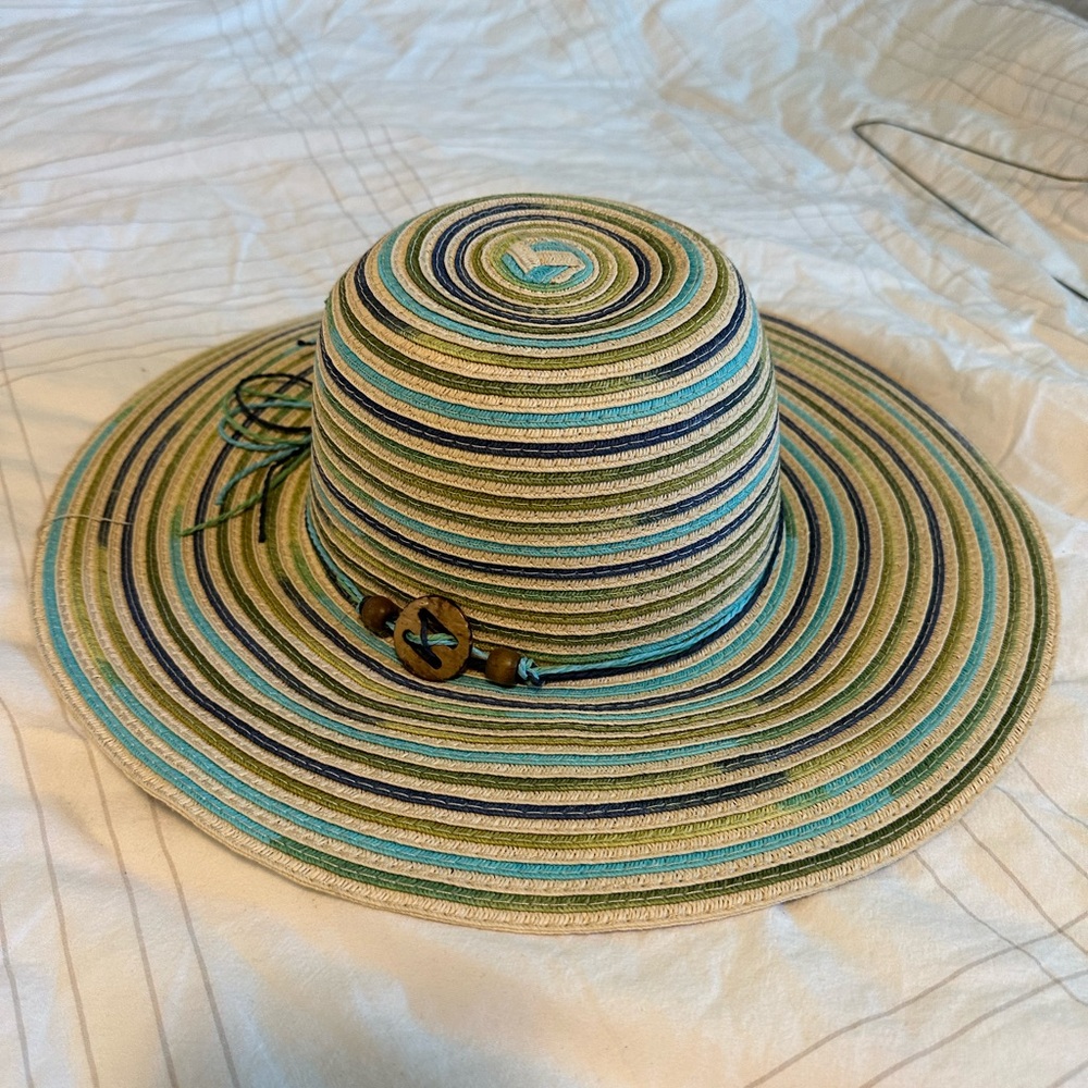 Striped Wide-Brim Sun Hat - Green, Blue & Tan